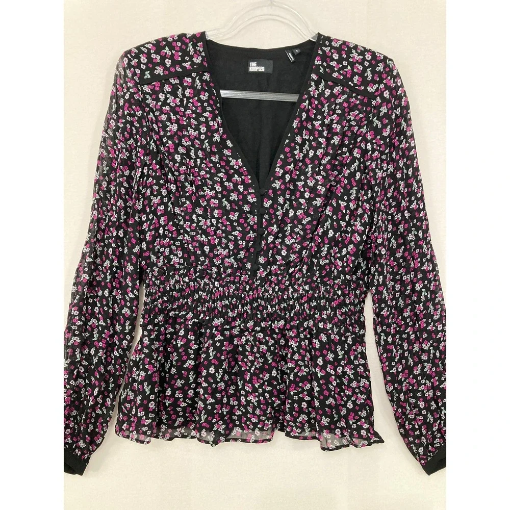 The Kooples Floral Blouse size 2 Smocked Waist V-Neck Peplum Top Feminine